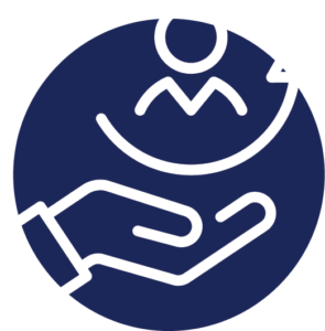 Dark blue circle icon with human and improvement arrow