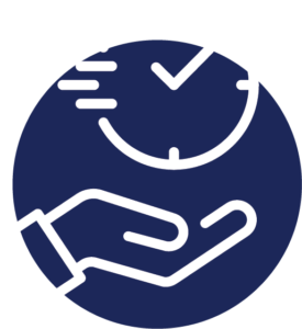 Dark blue circle icon with hand holding a clock